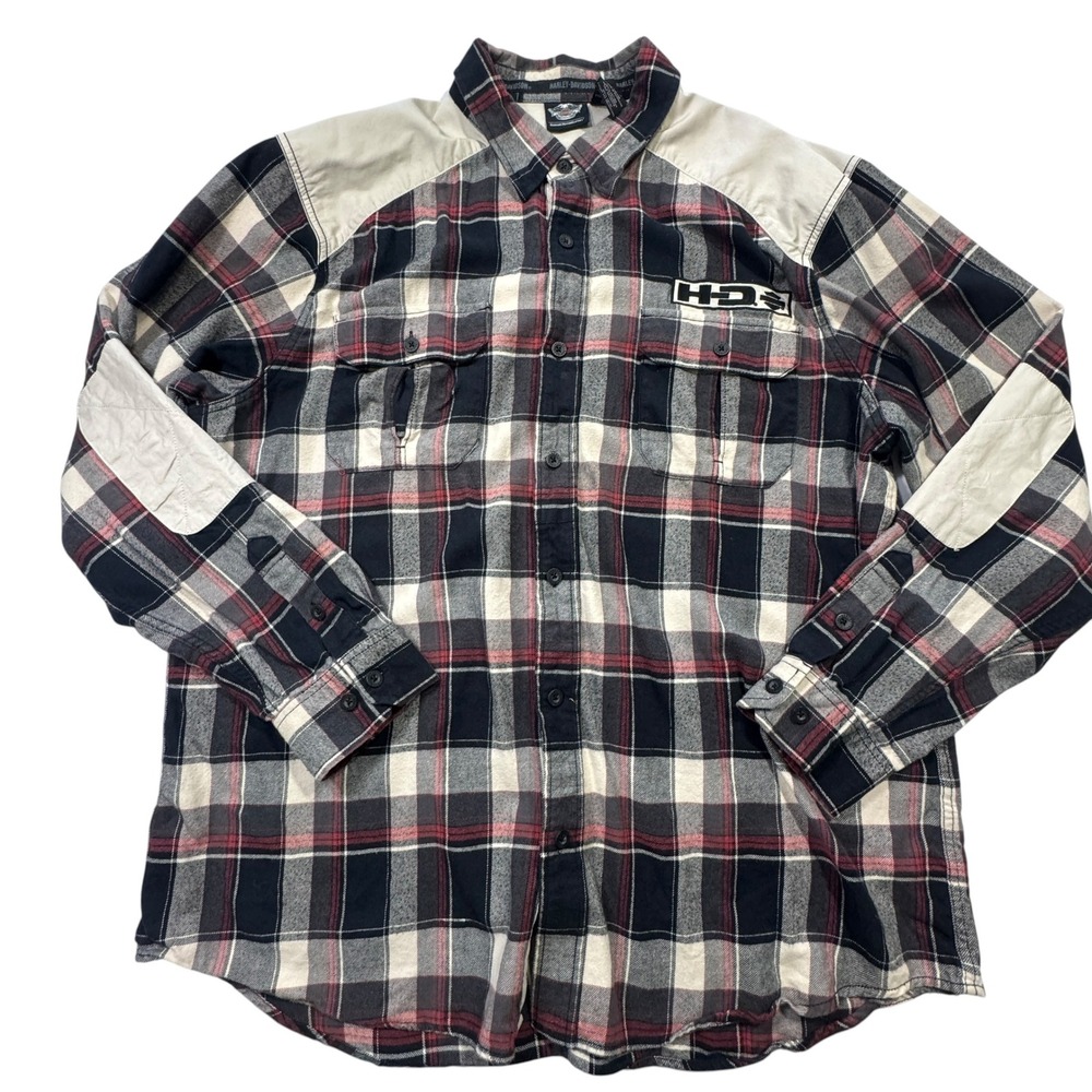 Harley-Davidson Flannel Shirt Women 2XL Red Black Plaid Excellent Moto Patch